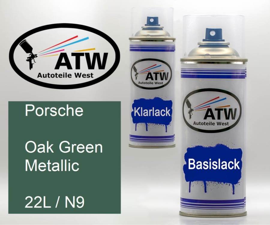 Porsche, Oak Green Metallic, 22L / N9: 400ml Sprühdose + 400ml Klarlack - Set, von ATW Autoteile West.